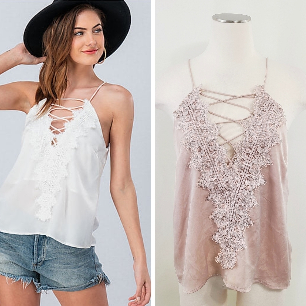Crescent lace satin plunge cami tank top blush pink Women's size medium